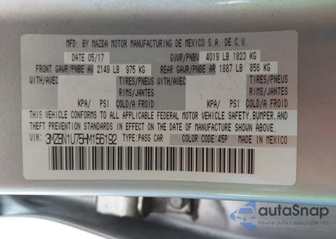 2017 Mazda Mazda3 Sport из США, поврежденный, VIN 3MZBN1U75HM156192